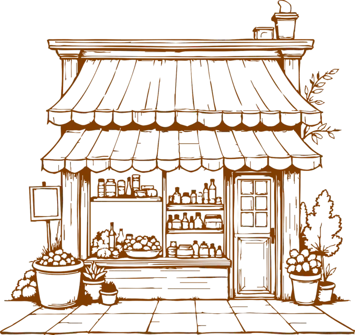A hand-drawn local storefront with striped awnings and shelves of goods